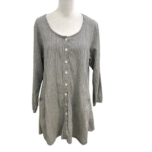 TULIP Stripe Seersucker Tunic Top Blouse Pocket Long Sleeve Lagenlook size Large - Picture 1 of 9